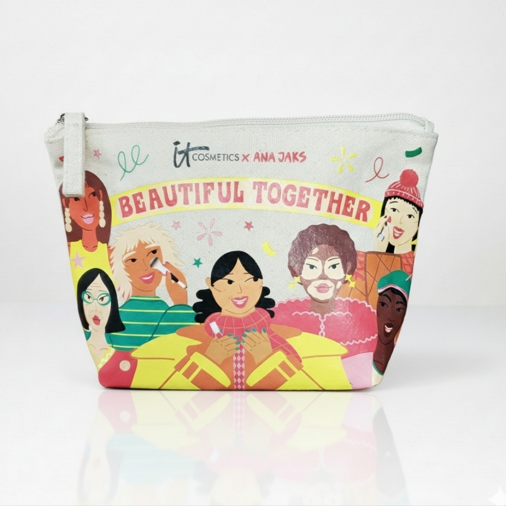 it Cosmetics 8x6x2.5" NEW Ana Jaks Make-up Zipper Top Canvas Bag Pouch Beautiful